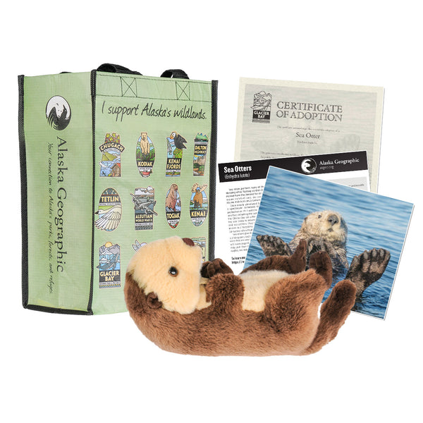 Photo of kit, includes plush sea otter, photo of sea otter, certificate of adoption, and recycled bag